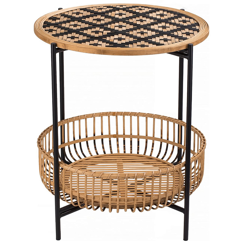 Круглый кофейный стол с плетеной столешницей и полкой Norberta Wicker Coffee Table Коричневый Черный в Екатеринбурге | Loft Concept 