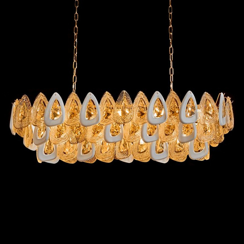 Люстра овальная с многослойными белыми и прозрачными подвесками Character Chandelier Золотой Прозрачный Белый в Екатеринбурге | Loft Concept 