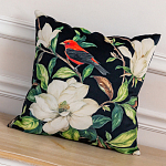 Декоративная подушка чёрная с изображением птицы в саду Blooming Red Birds варинант исполнения - 2 | Loft Concept в Екатеринбурге