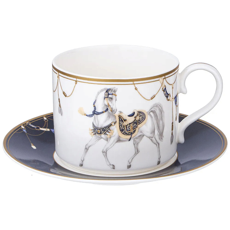 Чайная пара из фарфора с изображением лошади 300 мл Porcelain Horse Set 2 Белый Синий Золотой в Екатеринбурге | Loft Concept 