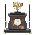 Часы настольные с Гербом России и 2-мя шариковыми ручками в комплекте Stone Clock варинант исполнения - 5 | Loft Concept в Екатеринбурге