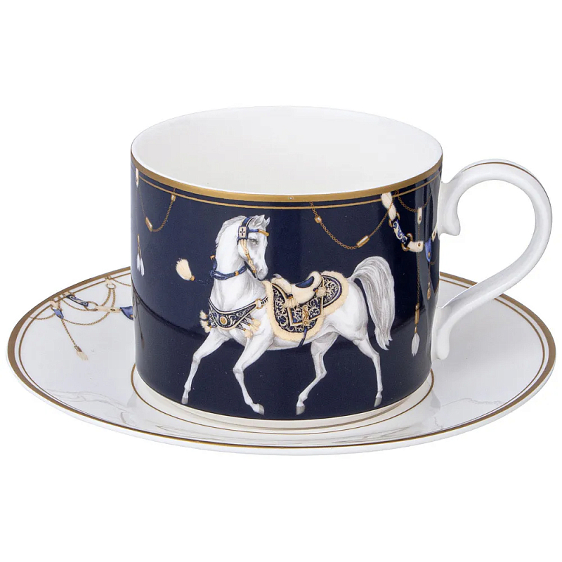 Чайная пара из фарфора с изображением лошади 300 мл Porcelain Horse Set  Белый Синий Золотой в Екатеринбурге | Loft Concept 