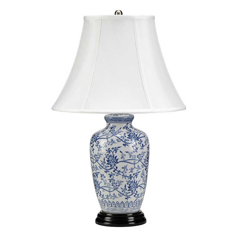 Настольная лампа с фарфоровым основанием с декоративным орнаментом и белым абажуром на темной круглой подставке Elstead Lighting Белый Синий Никель Черный Золотой Серебряный в Екатеринбурге | Loft Concept 