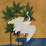 Обои ручная роспись Tsuro Cranes Original colourway on Gold Bullion gilded silk варинант исполнения - 1 | Loft Concept в Екатеринбурге