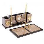 Настольный письменный набор из бежевого мрамора с часами и гербом Marble Accessory варинант исполнения - 2 | Loft Concept в Екатеринбурге