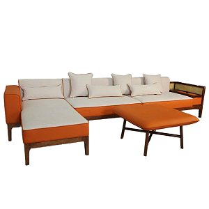 Угловой Диван с отделкой из ротанга Nava Rattan Decor Sofa Orange