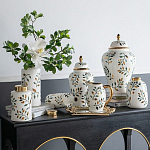 Ваза белая с крышкой с рисунком зеленых и золотых листьев 48 см Chinoiserie Ceramics варинант исполнения - 5 | Loft Concept в Екатеринбурге