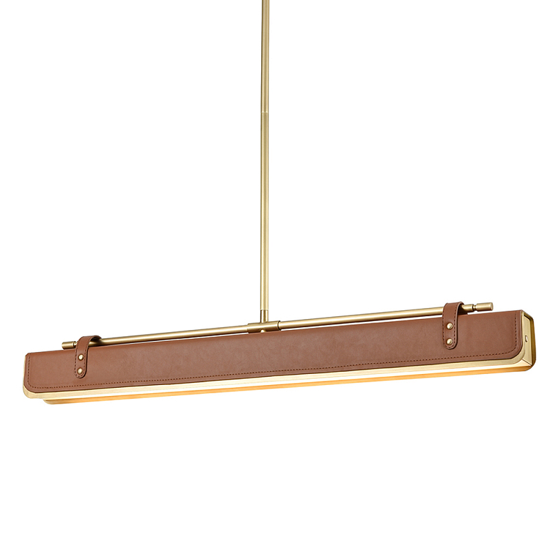 Подвесной светильник линейный латунного цвета в кожаном коричневом чехле и декоративными ремешками Alora Латунь Коричневый в Екатеринбурге | Loft Concept 
