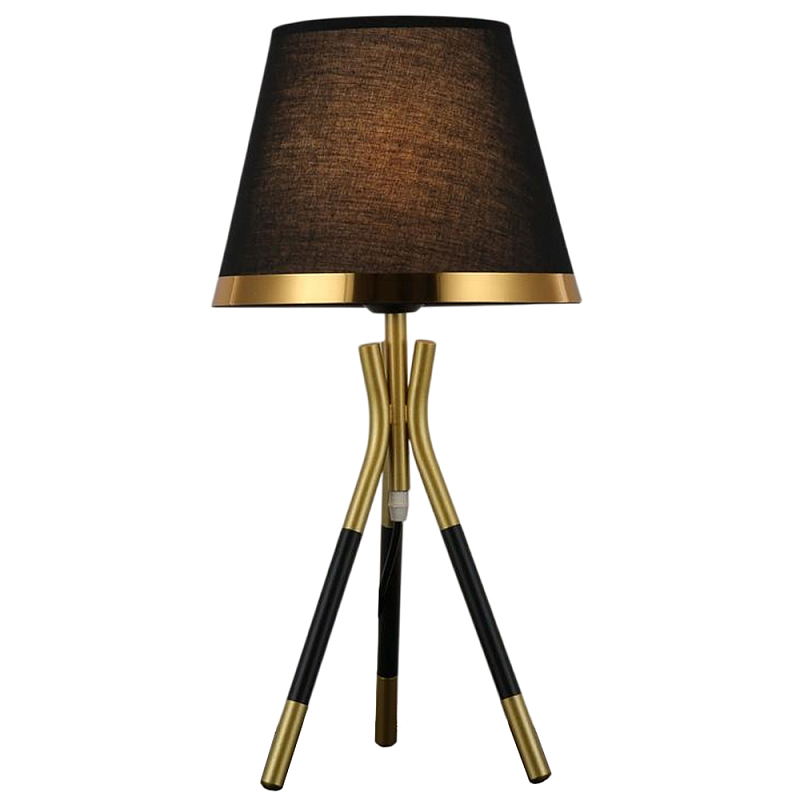 Настольная лампа с коричневым тканевым абажуром Black Tripod Черный Золотой Коричневый в Екатеринбурге | Loft Concept 