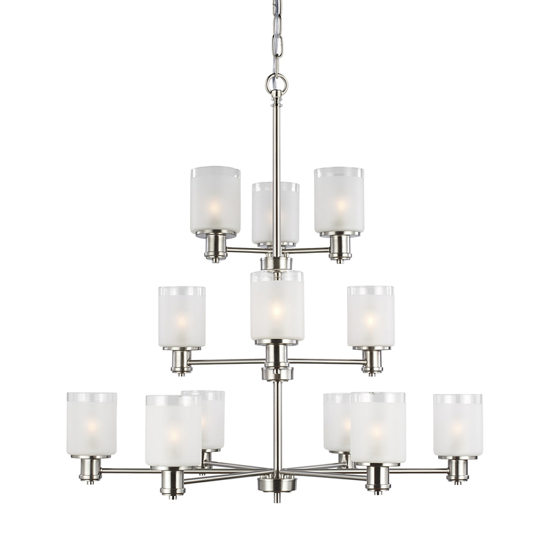 Люстра двухъярусная цвета никель с 12-ю матовыми цилиндрическими стеклянными плафонами Generation Lighting Никель Белый Бежевый в Екатеринбурге | Loft Concept 