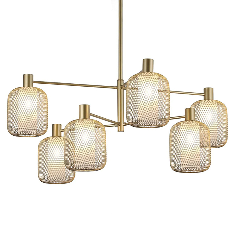 Люстра потолочная с абажурами из металлической сетки Loft Grid Pendant Gold Черный Золотой в Екатеринбурге | Loft Concept 