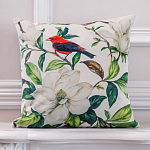 Декоративная подушка бежевая с изображением птица в саду Blooming Red Birds варинант исполнения - 2 | Loft Concept в Екатеринбурге