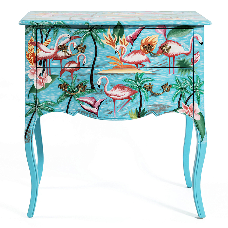 Комод с росписью Розовый фламинго L.XV CHEST OF DRAWERS Flowers with Flamingo Голубой Мульти в Екатеринбурге | Loft Concept 