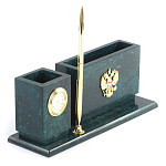 Настольный письменный набор с гербом России и часами из природного камня змеевик Successful Leader варинант исполнения - 2 | Loft Concept в Екатеринбурге