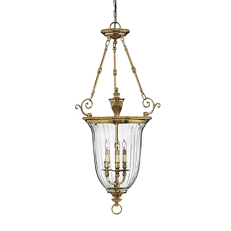 Подвесной светильник латунный с рифленым прозрачным плафоном и тремя свечеподобными лампами в классическом стиле Hinkley Латунь Прозрачное Стекло в Екатеринбурге | Loft Concept 