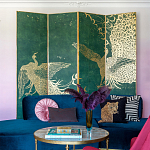 Обои ручная роспись в стиле Арт-деко Whistler Peacocks Original colourway on green painted silk варинант исполнения - 1 | Loft Concept в Екатеринбурге