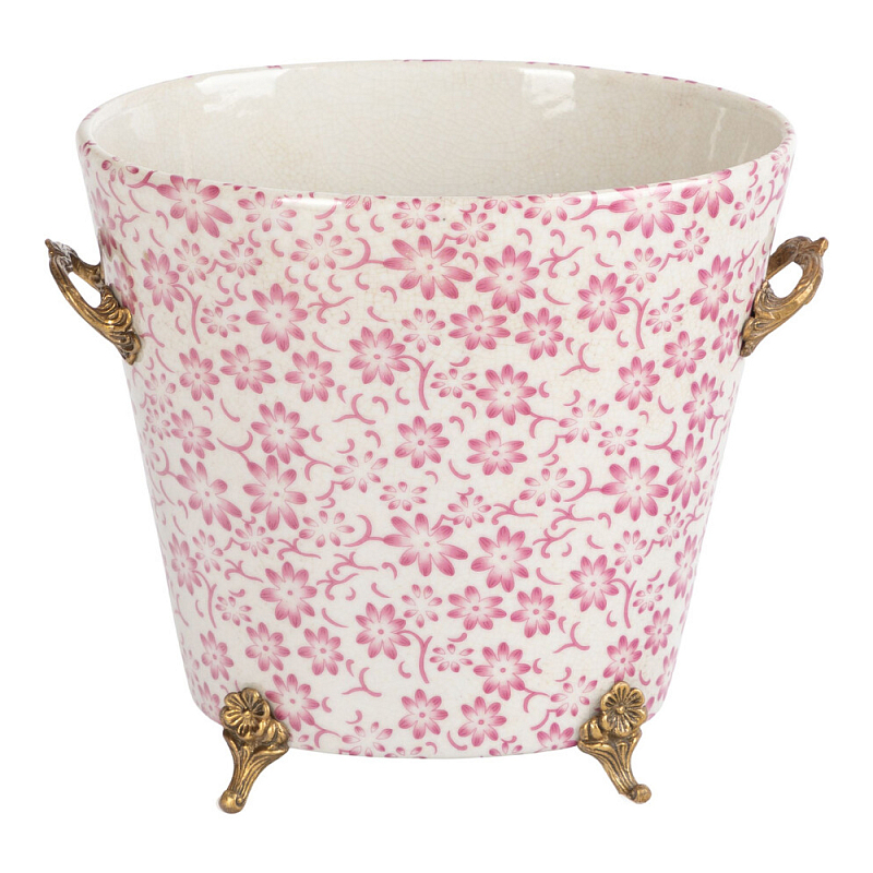 Кашпо из белого фарфора с розовым цветочным орнаментом Eden Garden Розовый Белый Бронза в Екатеринбурге | Loft Concept 
