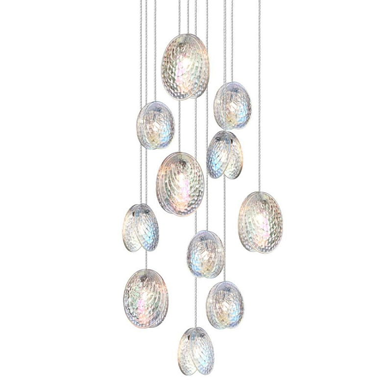 Люстра каскадная с 11-ю круглыми плафонами из рельефного стекла Disc Light Черный Прозрачный Перламутровый в Екатеринбурге | Loft Concept 