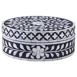 Круглая черная шкатулка инкрустация кость