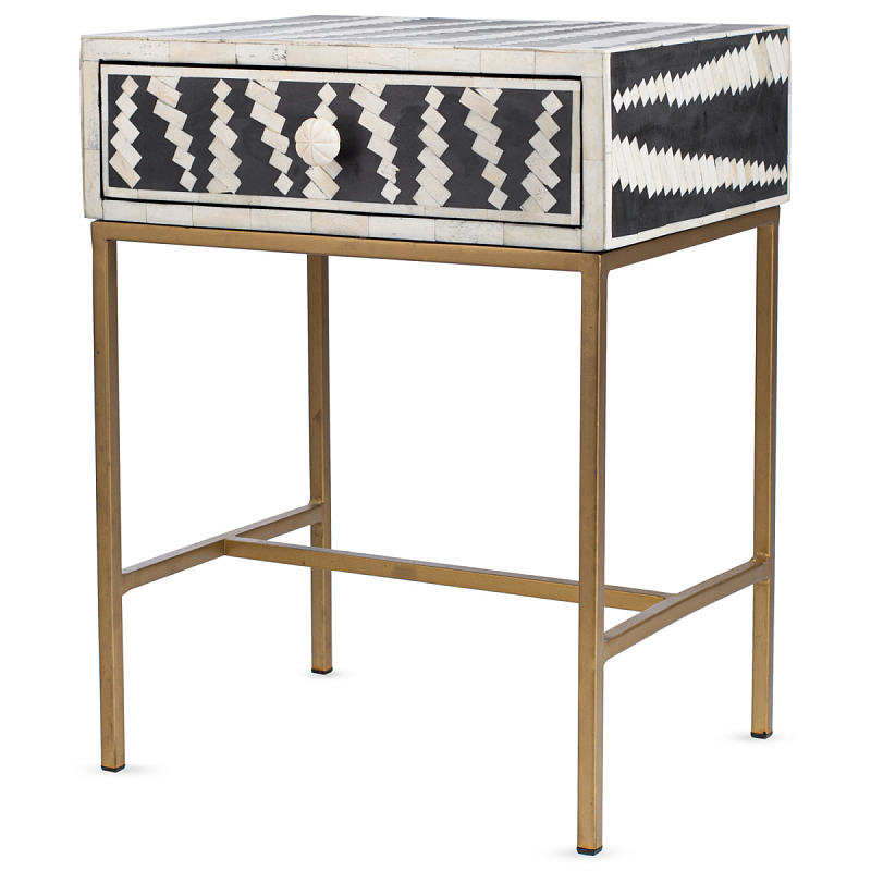 Тумба Mandika Bone Inlay Brass Leg Bedside  1 DRAWER Черный ivory ( слоновая кость ) Бронза в Екатеринбурге | Loft Concept 