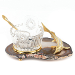 Икорница с ложкой с декором "Кадушка" с гравировкой на подставке из натурального камня Агат Decorative Cavair Dishes варинант исполнения - 1 | Loft Concept в Екатеринбурге
