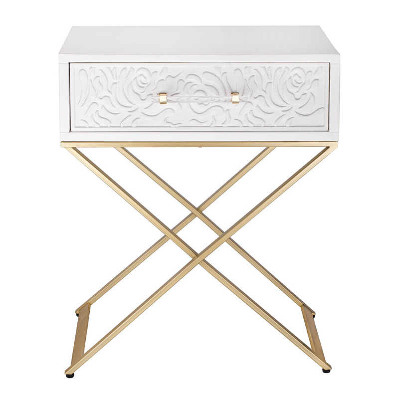 Приставной столик с выдвижным ящиком  White Table Carved Pattern Белый Золотой в Екатеринбурге | Loft Concept 