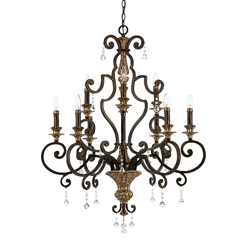 Люстра с подвесками из прозрачного стекла на кованом каркасе бронзового цвета в классическом стиле Quoizel Бронза Прозрачное Стекло Золотой в Екатеринбурге | Loft Concept 