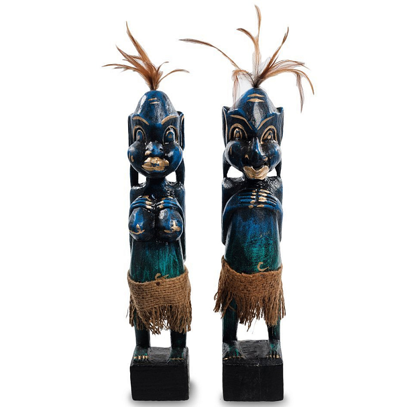 Комплект из 2-х деревянных статуэток Asmat Statuettes Dark Blue Темно-синий Бирюзовый Коричневый Черный в Екатеринбурге | Loft Concept 