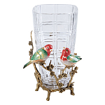 Ваза стеклянная прозрачная с бронзовым основанием в виде ветвей и фарфоровыми птичками Eden Garden варинант исполнения - 1 | Loft Concept в Екатеринбурге