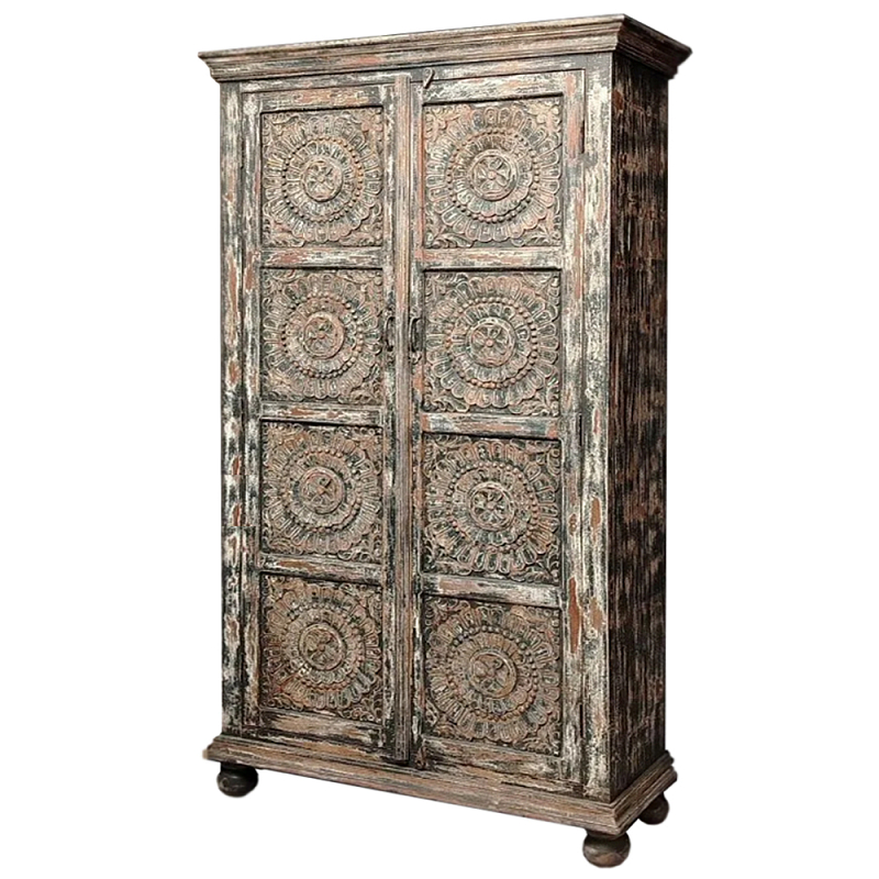Индийский шкаф с орнаментом резьба из дерева Indian Antique Furniture  Серый в Екатеринбурге | Loft Concept 