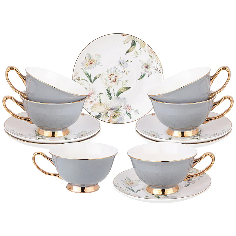 Чайный набор из фарфора на 6 персон Grey Tea Porcelain Set Белый Золотой Серый в Екатеринбурге | Loft Concept 