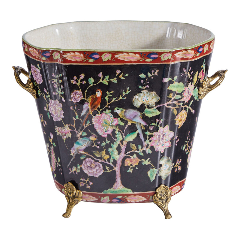 Кашпо из фарфора черная с цветочной росписью и бронзовой стрекозой Spring Garden Мульти Бронза Черный в Екатеринбурге | Loft Concept 