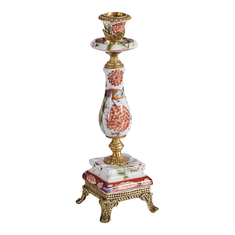 Подсвечник с цветочной росписью из фарфора с бронзовыми элементами Eden Garden Мульти Бронза в Екатеринбурге | Loft Concept 