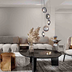 Люстра каскадная с 5-ю круглыми стеклянными плафонами дымчатого цвета и черными деталями Orbit Serenade варинант исполнения - 4 | Loft Concept в Екатеринбурге