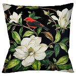 Декоративная подушка чёрная с изображением птицы в саду Blooming Red Birds варинант исполнения - 1 | Loft Concept в Екатеринбурге