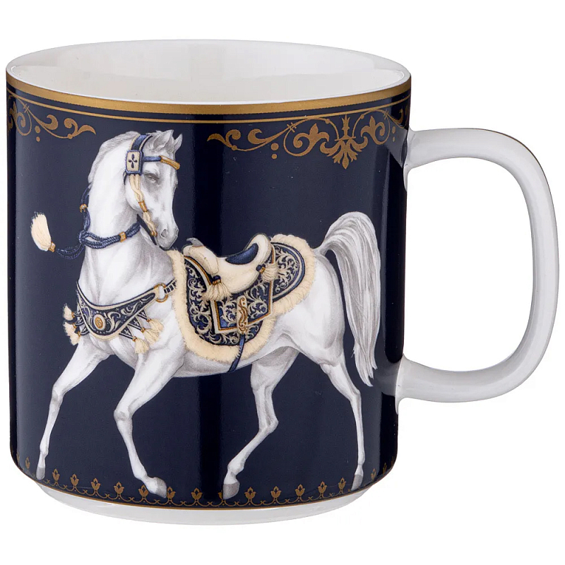 Кружка из фарфора синяя с изображением лошадей 400 мл Porcelain Horse Set Белый Синий Золотой в Екатеринбурге | Loft Concept 