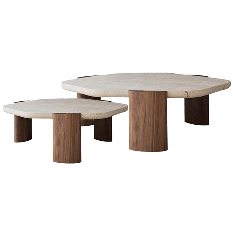 Комплект из 2-ух кофейных столов Gene Stone Wooden Coffee Table Бежево-серый Коричневый Орех в Екатеринбурге | Loft Concept 