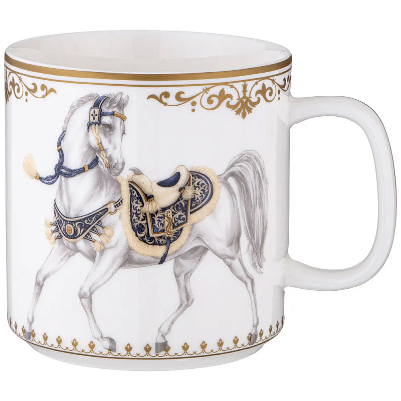 Кружка из фарфора белая с изображением лошади 400 мл Porcelain Horse Set Белый Синий Золотой в Екатеринбурге | Loft Concept 