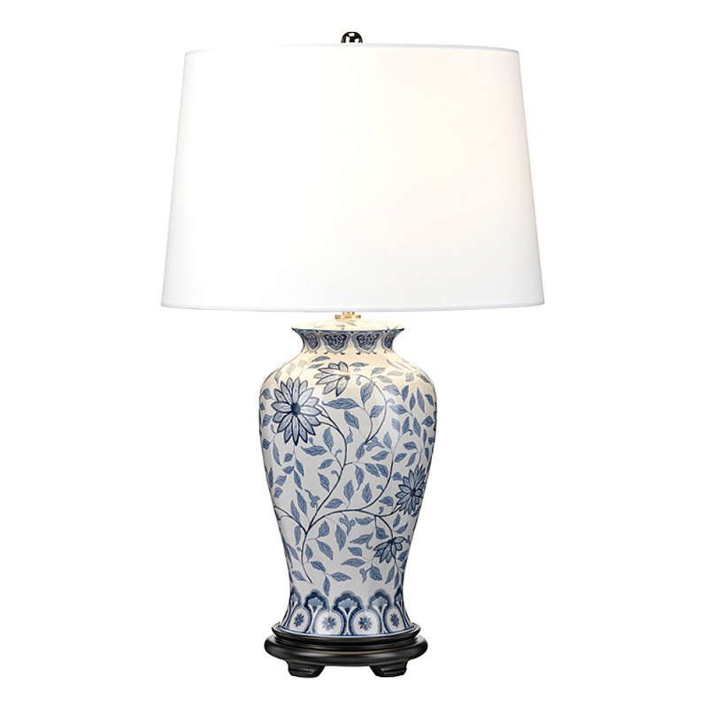 Настольная лампа с керамическим основанием в белом цвете с синим цветочным орнаментом на темной деревянной подставке и тканевым абажуром Elstead Lighting Белый Синий Черный в Екатеринбурге | Loft Concept 