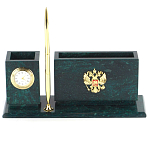 Настольный письменный набор с гербом России и часами из природного камня змеевик Successful Leader варинант исполнения - 1 | Loft Concept в Екатеринбурге