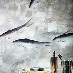 Обои ручная роспись Fishes Blue Pearl on Tarnished Silver gilded silk with pearlescent antiquing варинант исполнения - 5 | Loft Concept в Екатеринбурге