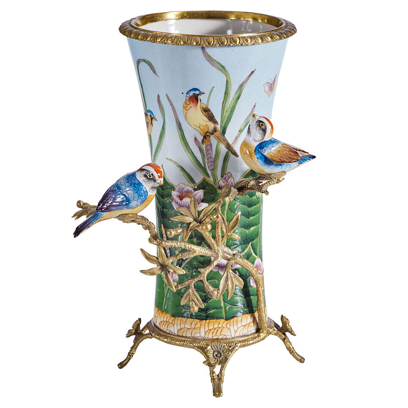 Ваза из фарфора с птицами на бронзовой ветке Garden of Eden Бронза Мульти в Екатеринбурге | Loft Concept 