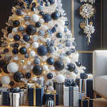 Украшенная Белая Новогодняя Елка с сине-белыми шарами и и муляжами подарков в комплекте варинант исполнения - 2 | Loft Concept в Екатеринбурге