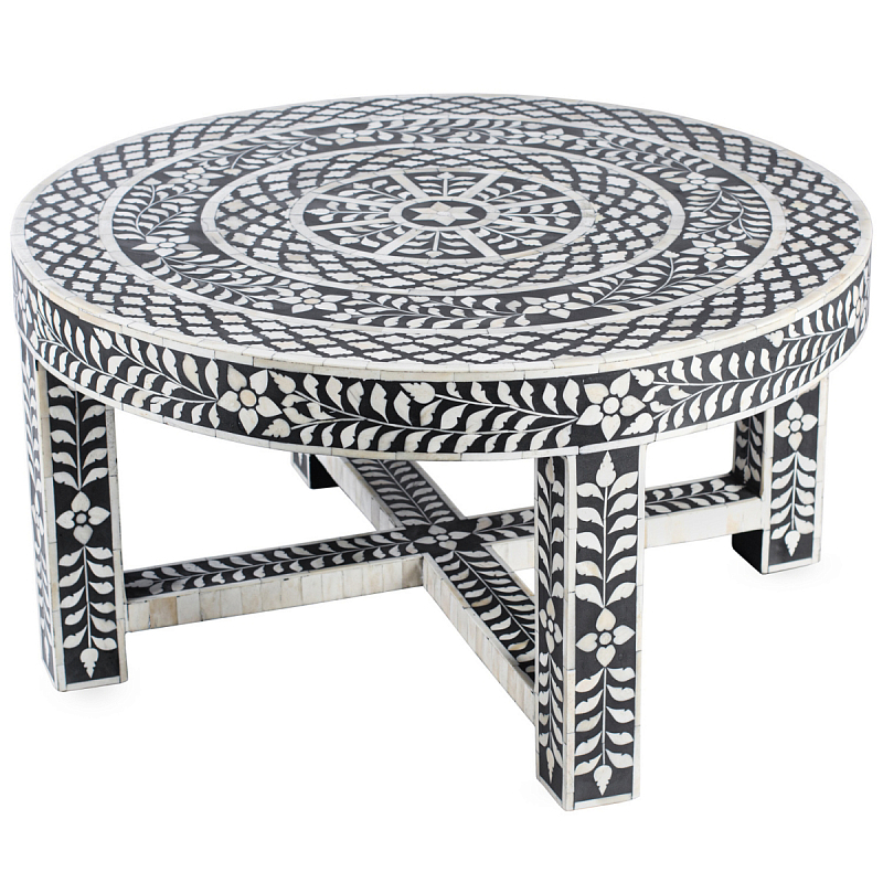 Стол кофейный черно-белый орнамент BONE INLAY ROUND COFFEE TABLE Черный ivory ( слоновая кость ) в Екатеринбурге | Loft Concept 