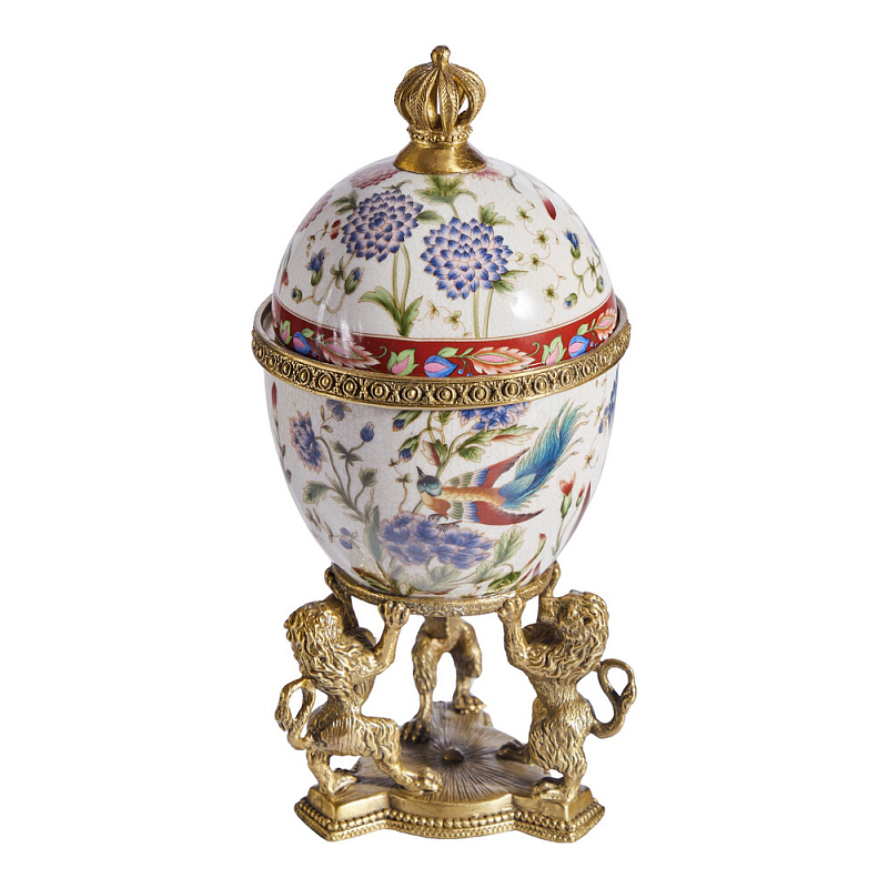 Шкатулка в форме яйца на величественных львах из фарфора с бронзовыми элементами Eden Garden Белый Черный Бронза Мульти в Екатеринбурге | Loft Concept 