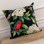 Декоративная подушка чёрная с изображением птиц и цветов Blooming Reds Birds варинант исполнения - 2 | Loft Concept в Екатеринбурге