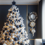 Украшенная Белая Новогодняя Елка с сине-белыми шарами и и муляжами подарков в комплекте варинант исполнения - 1 | Loft Concept в Екатеринбурге
