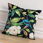 Декоративная подушка чёрная с изображением птиц и цветов  Blooming Blue Birds варинант исполнения - 2 | Loft Concept в Екатеринбурге